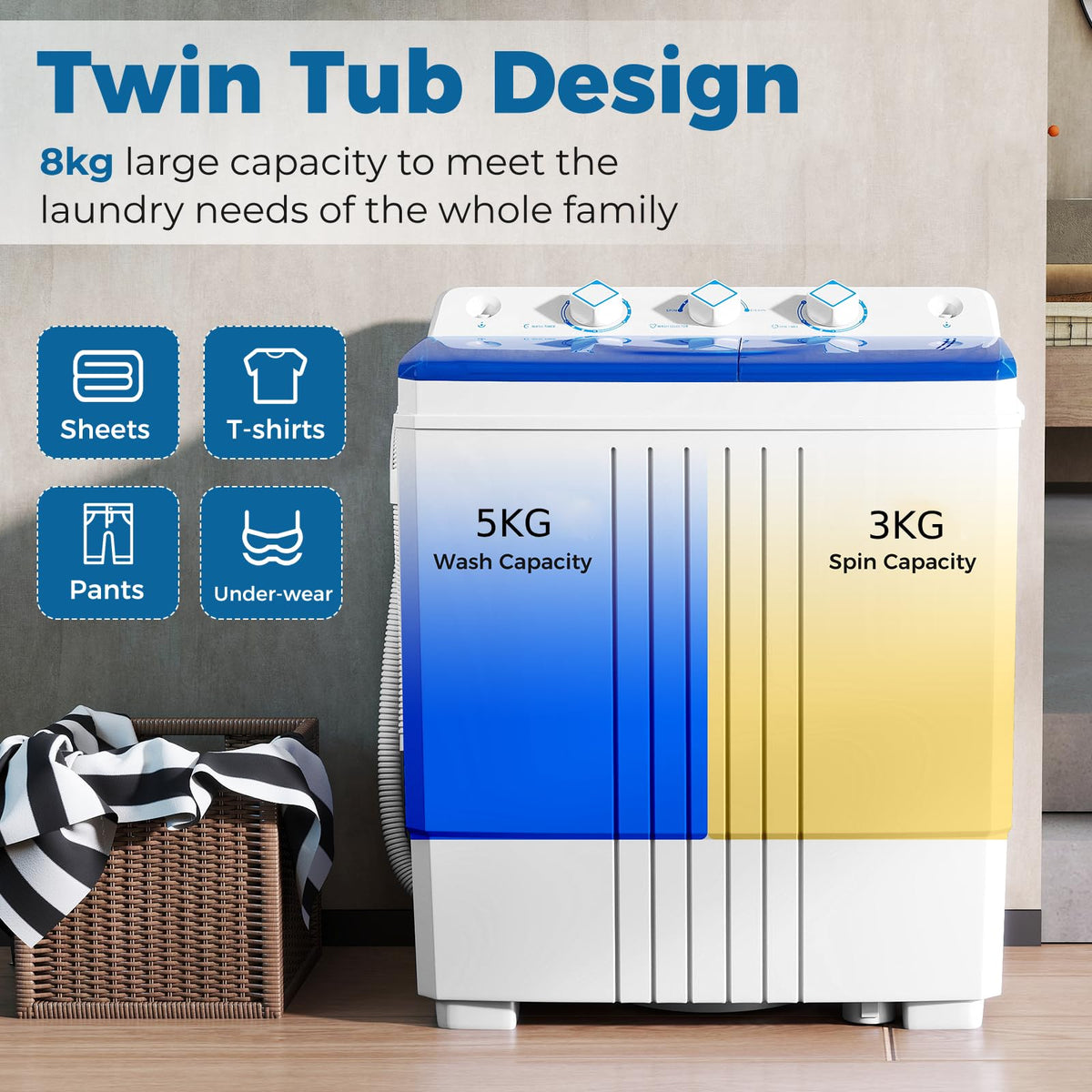 COSTWAY Twin Tub Washing Machine, 8KG (5KG Washer+3KG Dryer)