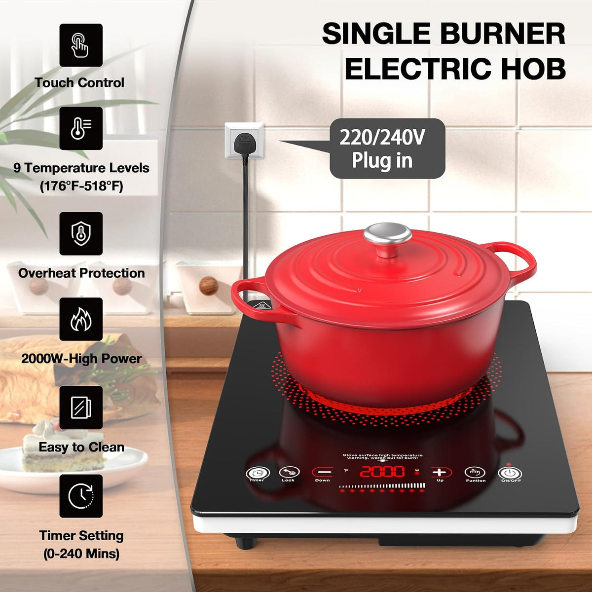 VBGK Double Electric Hob, 220V 3600W Ceramic Hob with Handle, Electric Hot Plate with 9 Power Levels, Child Safety Lock, Timer,Knob and Touch Control, 2 Burner Cooktop