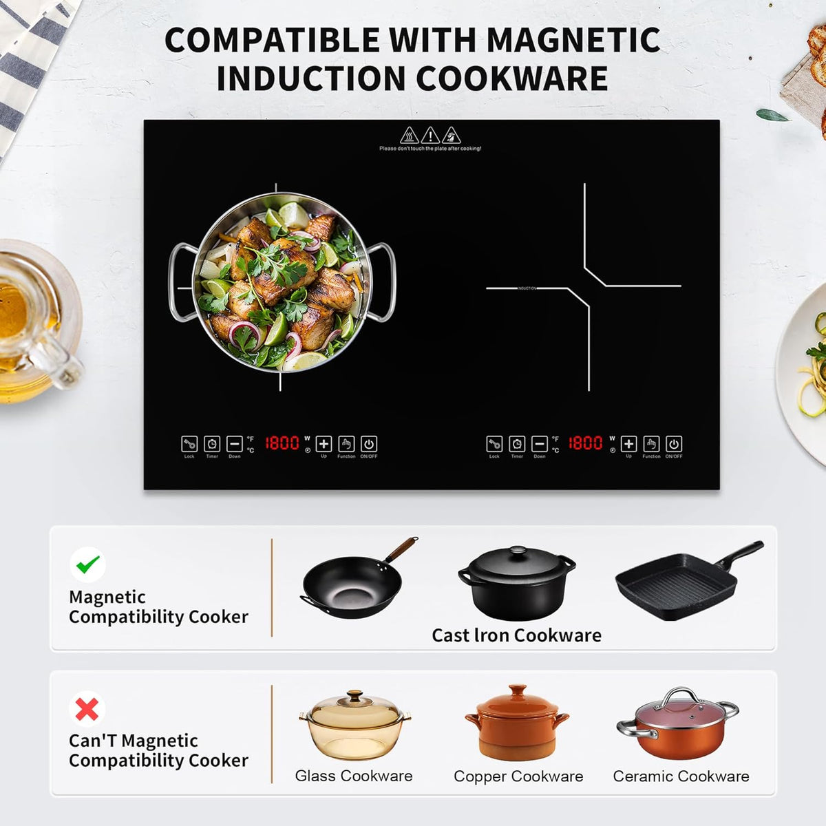 VBGK Double Electric Hob, 220V 3600W Ceramic Hob with Handle, Electric Hot Plate with 9 Power Levels, Child Safety Lock, Timer,Knob and Touch Control, 2 Burner Cooktop