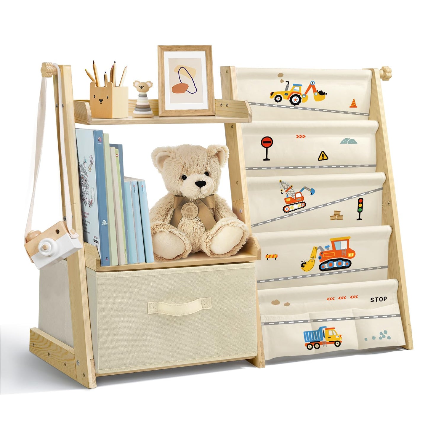 Kids Bookshelf and Toy Storage, Montessori Wooden Children Bookcase and Toy Organizer, 4-tier Toddler Sling Book Shelf with a Large Storage Box for Nursery, Bedroom, Playroom (Terrazzo)