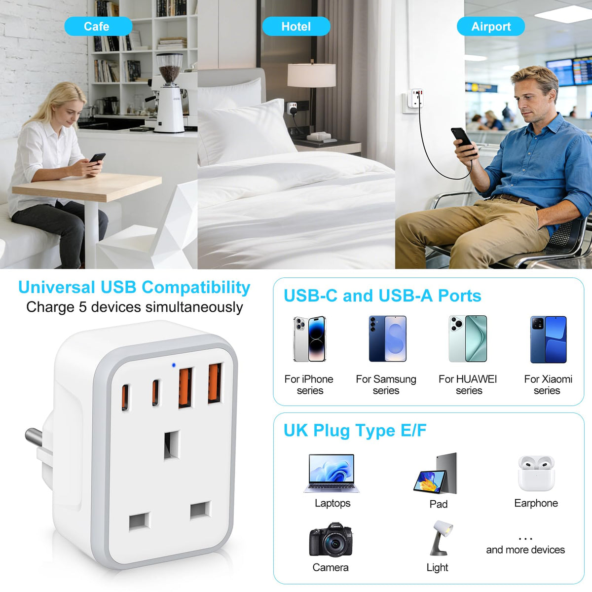 UK to European Travel Plug Adapter Fast Charge PD 20W USB-C QC 3.0