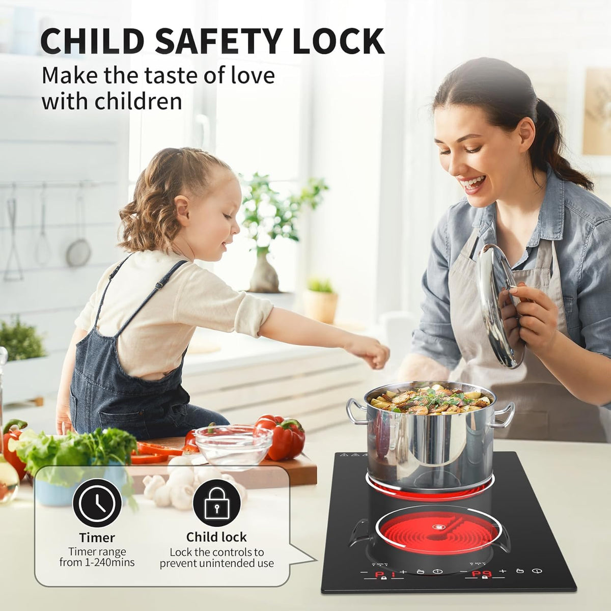 VBGK Double Induction Hob,220V 3600W 2 Ring Induction Hob with Knob Control,9 Power Levels, Kids Lock & Timer,LED Touch Control,Overheat Protection