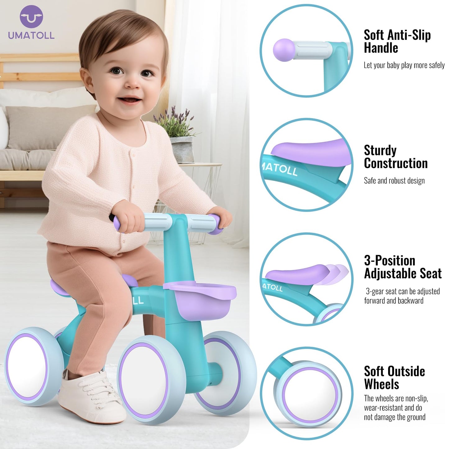 Umatoll Baby Balance Bike for 1 Year Old Boys Girls, 12-24 Months Toddler Balance Bike with Removable Basket, Adjustable Seat, 4 Wheels Infant Bike, First Birthday Gift