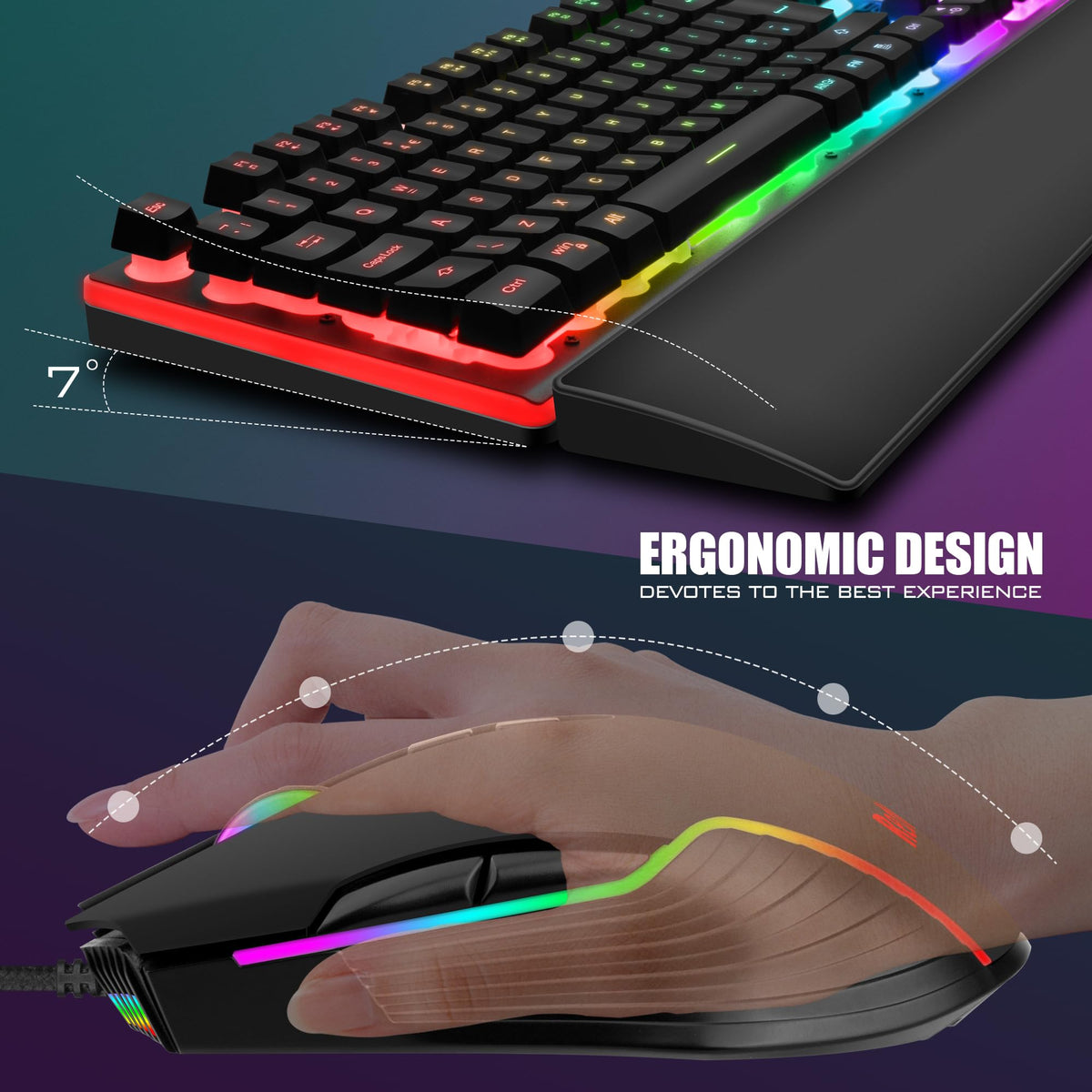 RedThunder K10 Wired Gaming Keyboard and Mouse Combo, UK Layout, True RGB Backlight, Soft Leather Wrist Rest, Ergonomic Anti-Ghosting Keyboard + 7D 7200 DPI Mouse for PC Mac (Gradient Gray)