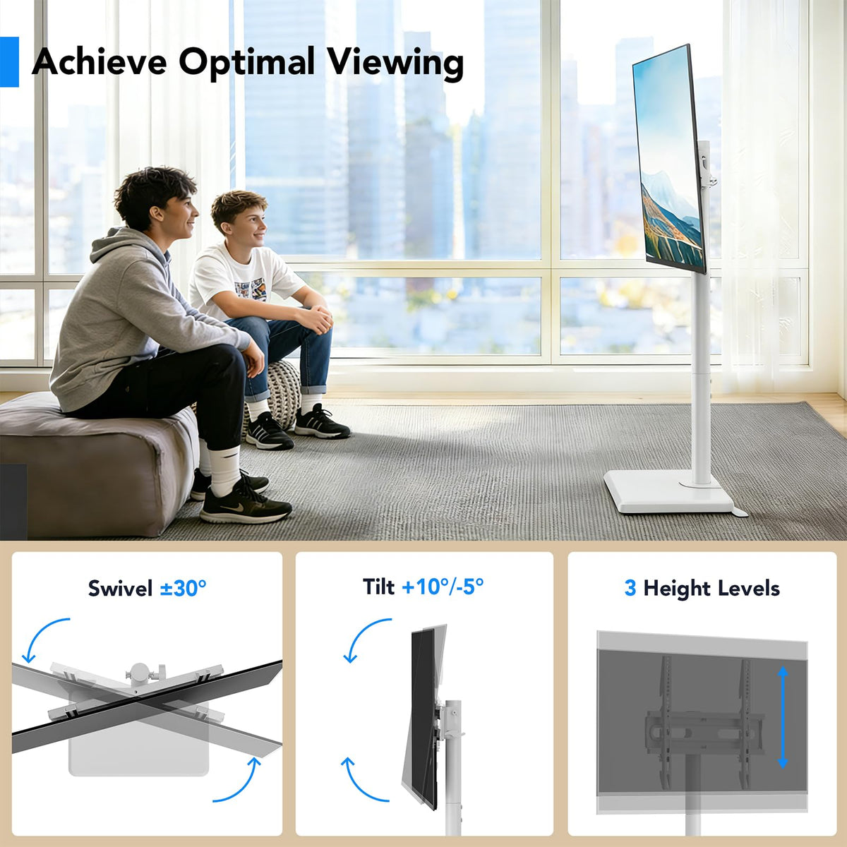 Floor TV Stand with Mount for 26-55 inch TVs up to 35 kg, Height Adjustable Swivel Tilt TV Stand with Wood Base & Shelf, Saving Space Design for Bedroom, Living Room and Corner, White