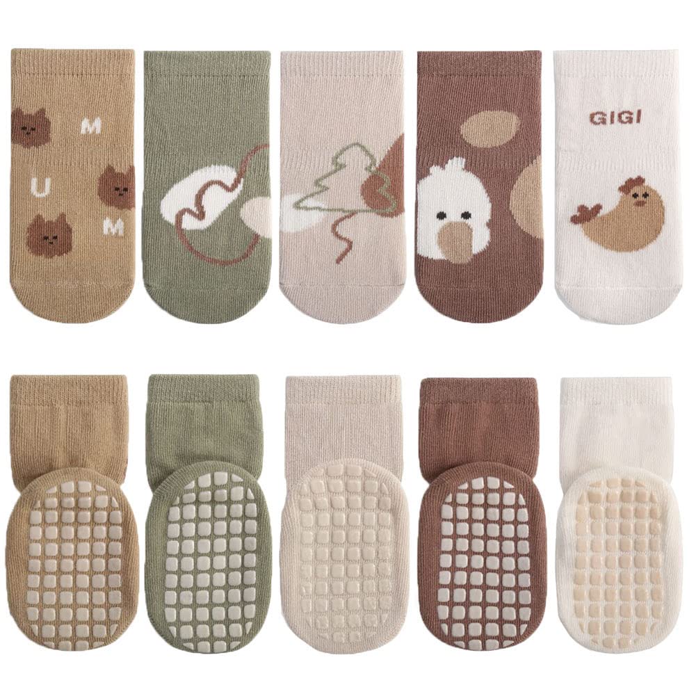 FedMois 5 Pairs Baby Kids Anti-slip Socks Cotton non skid Ankle Socks Animals