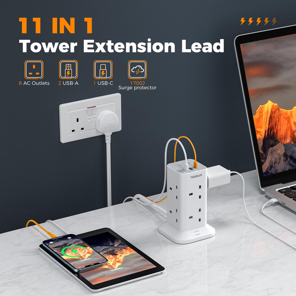 TESSAN Tower Extension Lead with USB C Slots