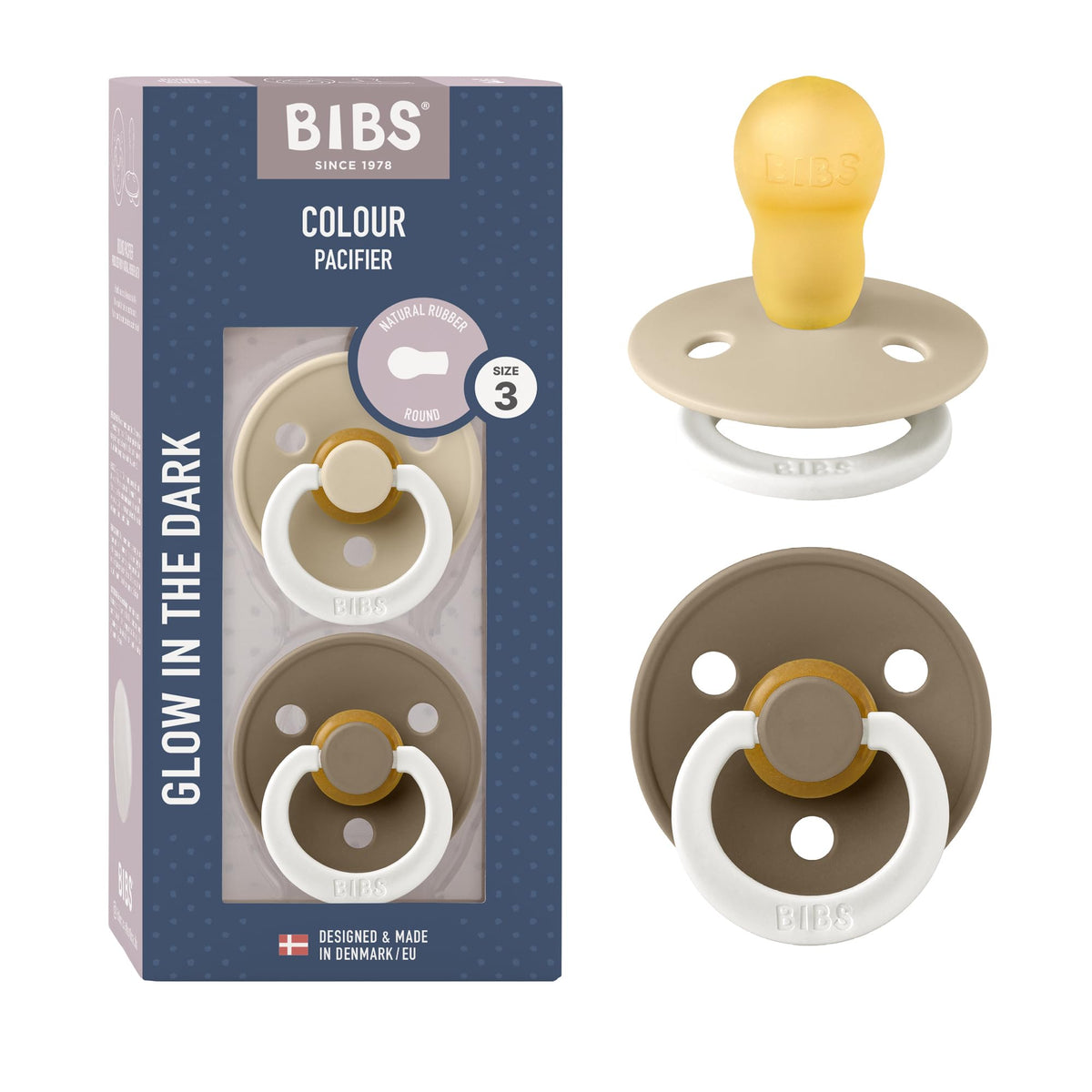 BIBS Colour Soother 2-Pack, BPA Free Dummy Pacifier, Round Nipple. Natural Rubber Latex, Made in Denmark, Size 2 (6-18 Months), Baby Blue