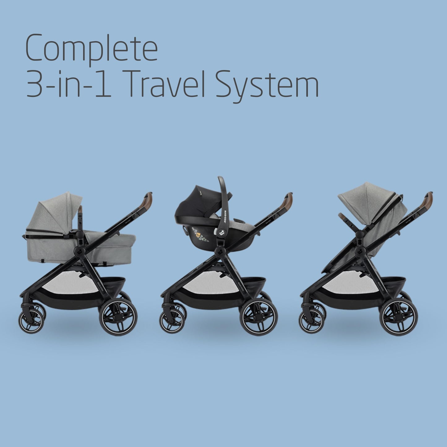 Maxi COSI Zelia Select Trio, Baby Stroller 3 in 1 with Car Seat, 0-4 Years (0-22 kg), One-Hand Fold, Compact and Reversible Pushchair Travel System, with CabrioFix S i-Size Baby Car Seat, Grey