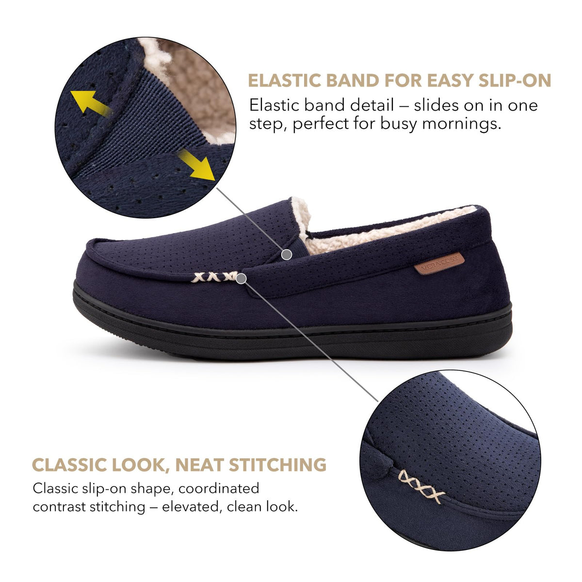 VeraCosy Men's Suede Moccasin Slippers Memory Foam Sherpa Lined Anti-Skid