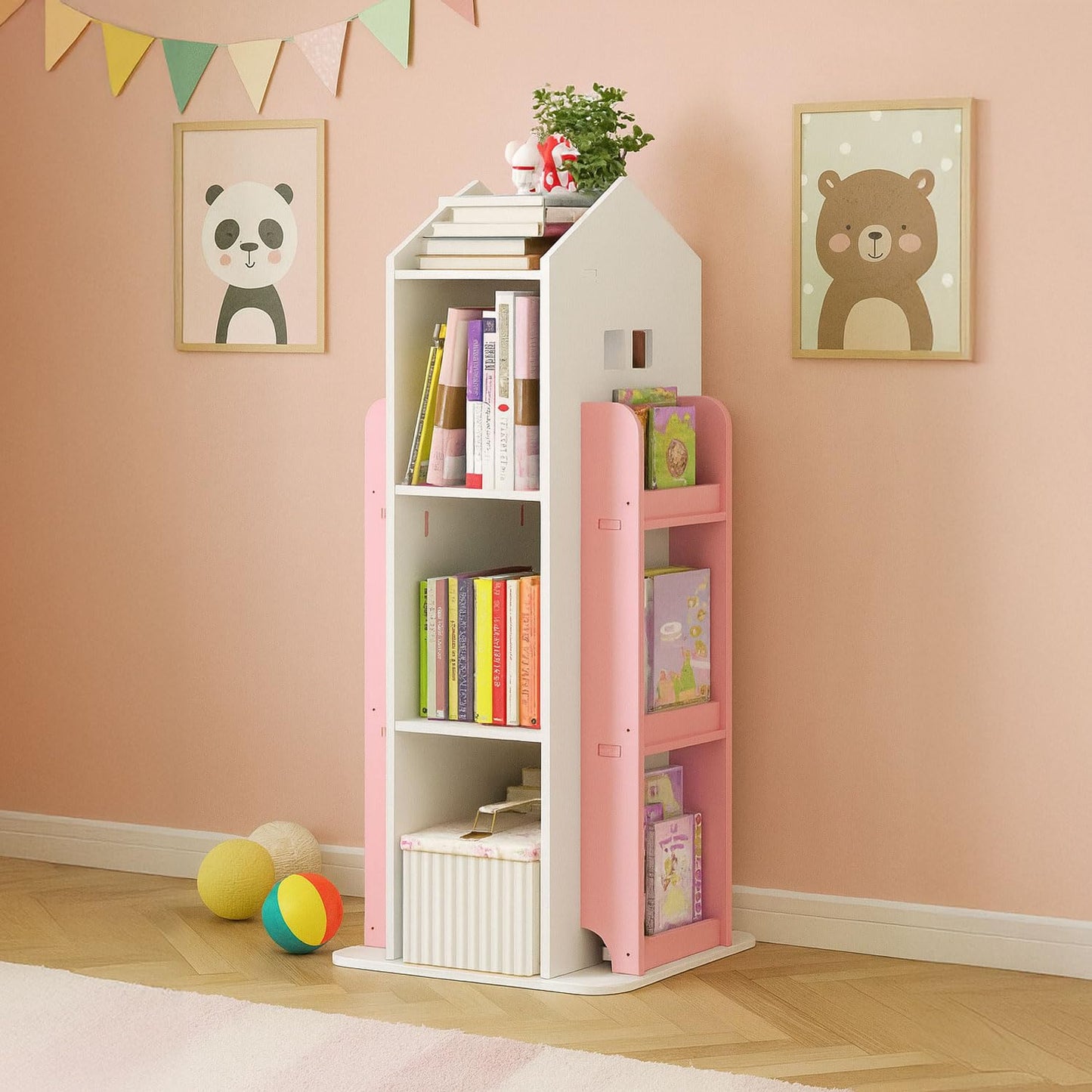 Neo House Shaped 360° Rotating Kids' Children's Freestanding Bookshelf Bookcase 10 Shelf Shelve Space‑Saving Design (White)