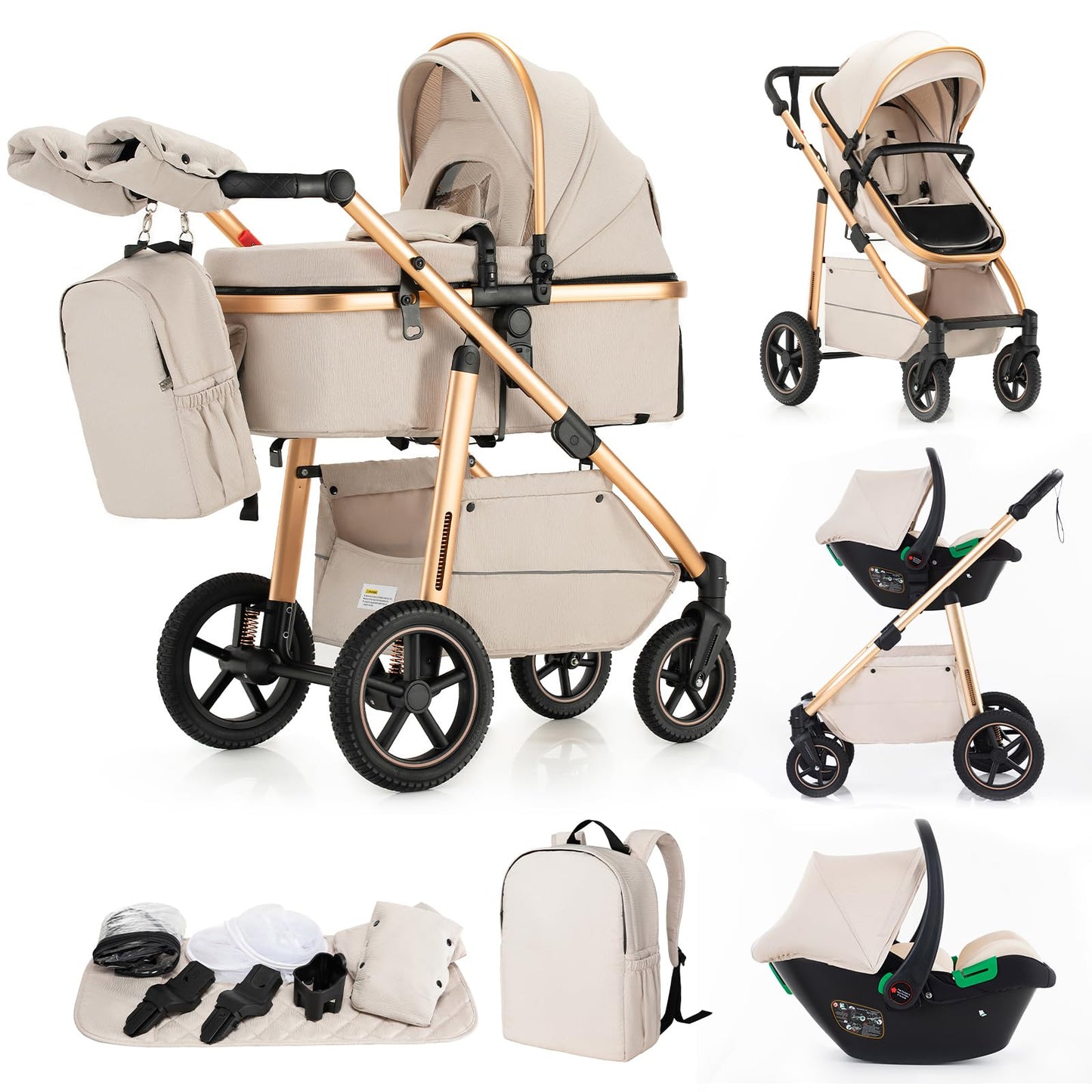 Gcarebb 3 in 1 Prams Travel System, Pushchair with Height Adjustable Handle, Travel Pram with Mosquito Net, Baby Stroller with Aluminum Frame for Newborn 0-4 Years