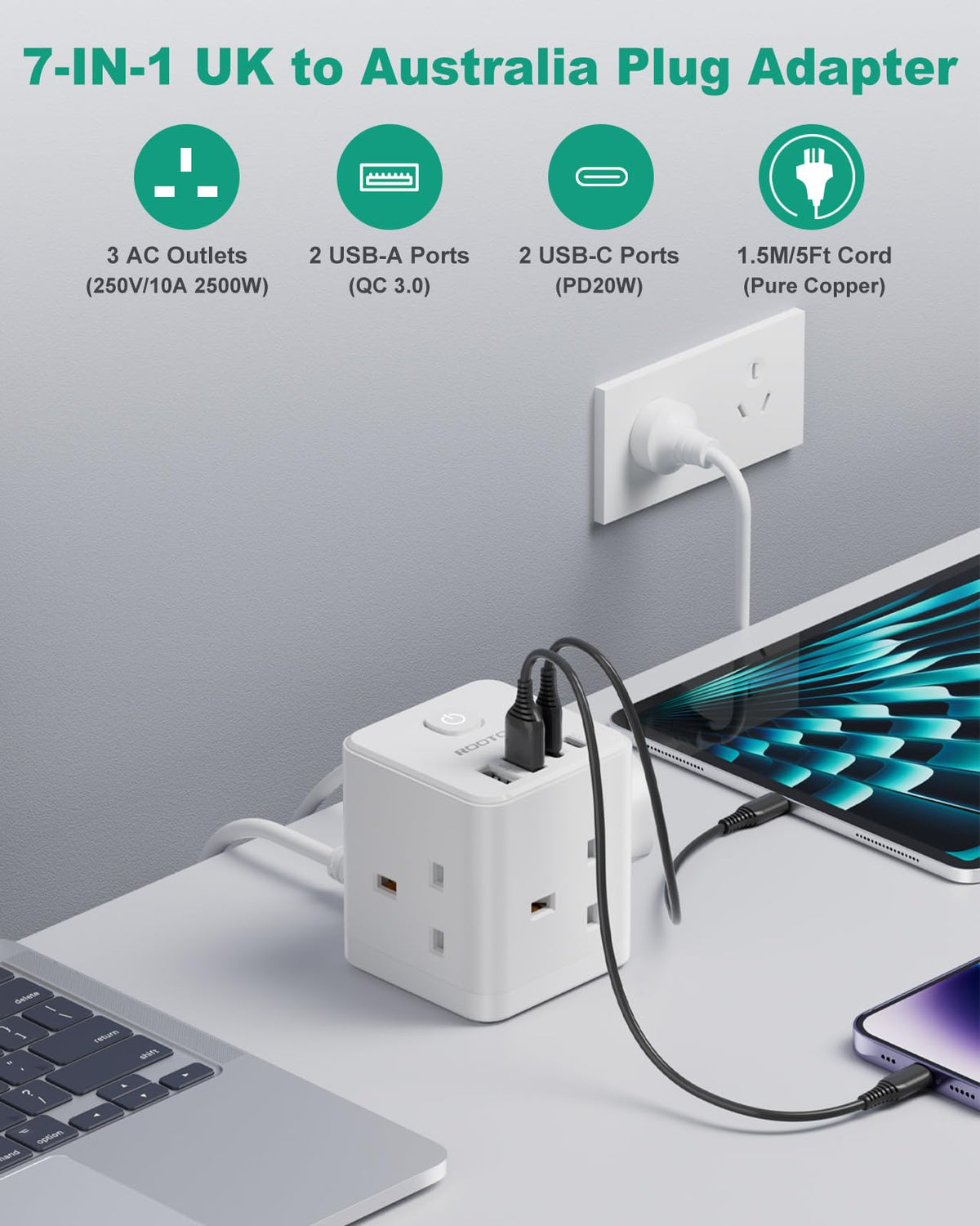 Japan Travel Adapter 3 Way 4 Fast Charging USB (QC3.0/PD20W)
