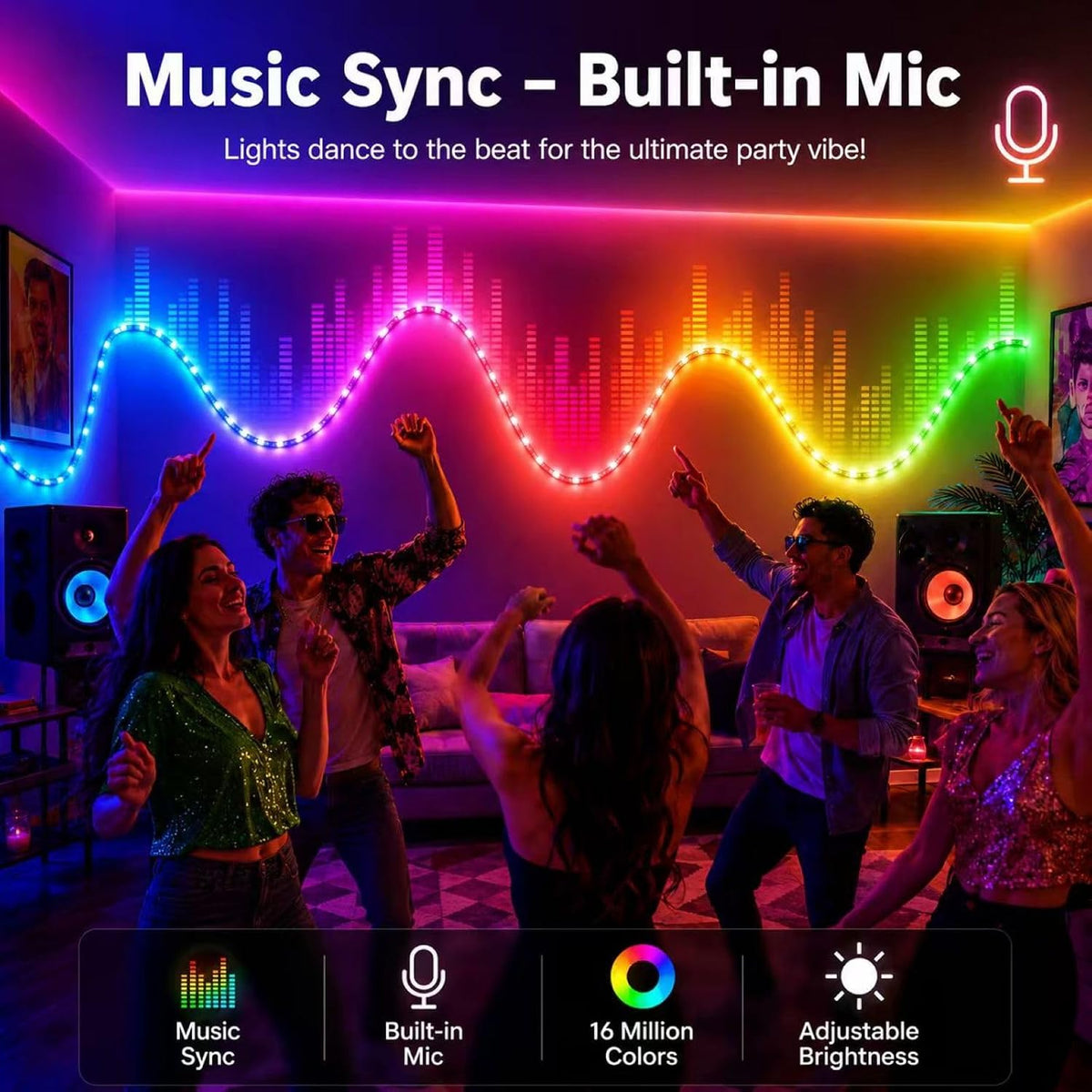 LED Strip Lights for Bedroom,10M RGB Colour Changing LED Lights with Bluetooth App & Remote Control, Music Sync, Dimmable, 16 Million Colours, Timer Mode, Self-Adhesive for Room Home Party Decor