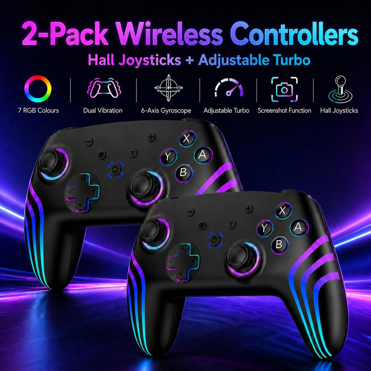 Riscvma 2pcs Controller for Switch/Switch 2/Lite/OLED/PC, Wireless Controller for Switch with 7 Color Changing RGB Lighting/Dual Vibration/6 Axis Gyroscope/Turbo, Ergonomic Precise Joystick