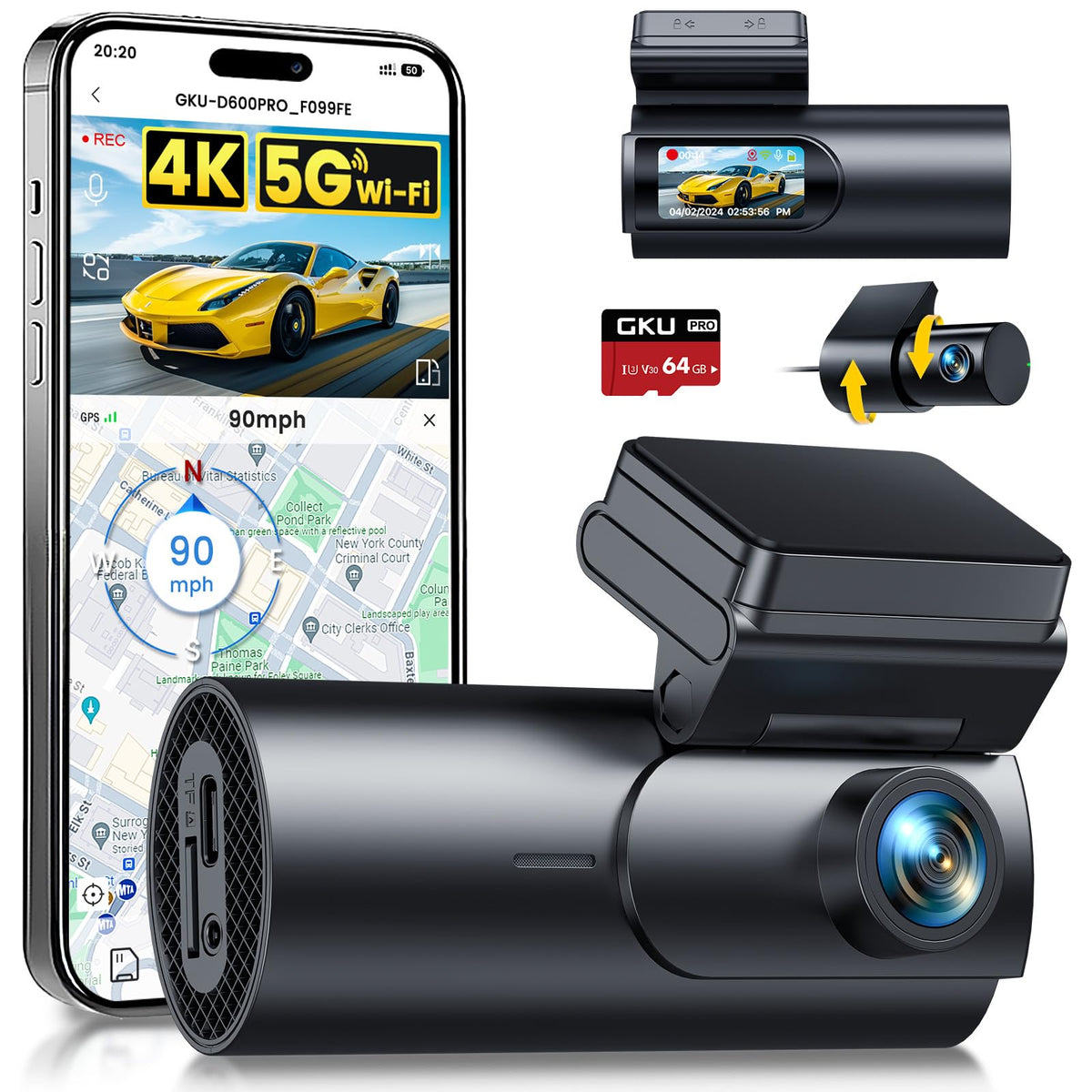 GKU 4K Dash Cam Front and Rear, 5GHz WiFi Dashcam with 64GB SD Card