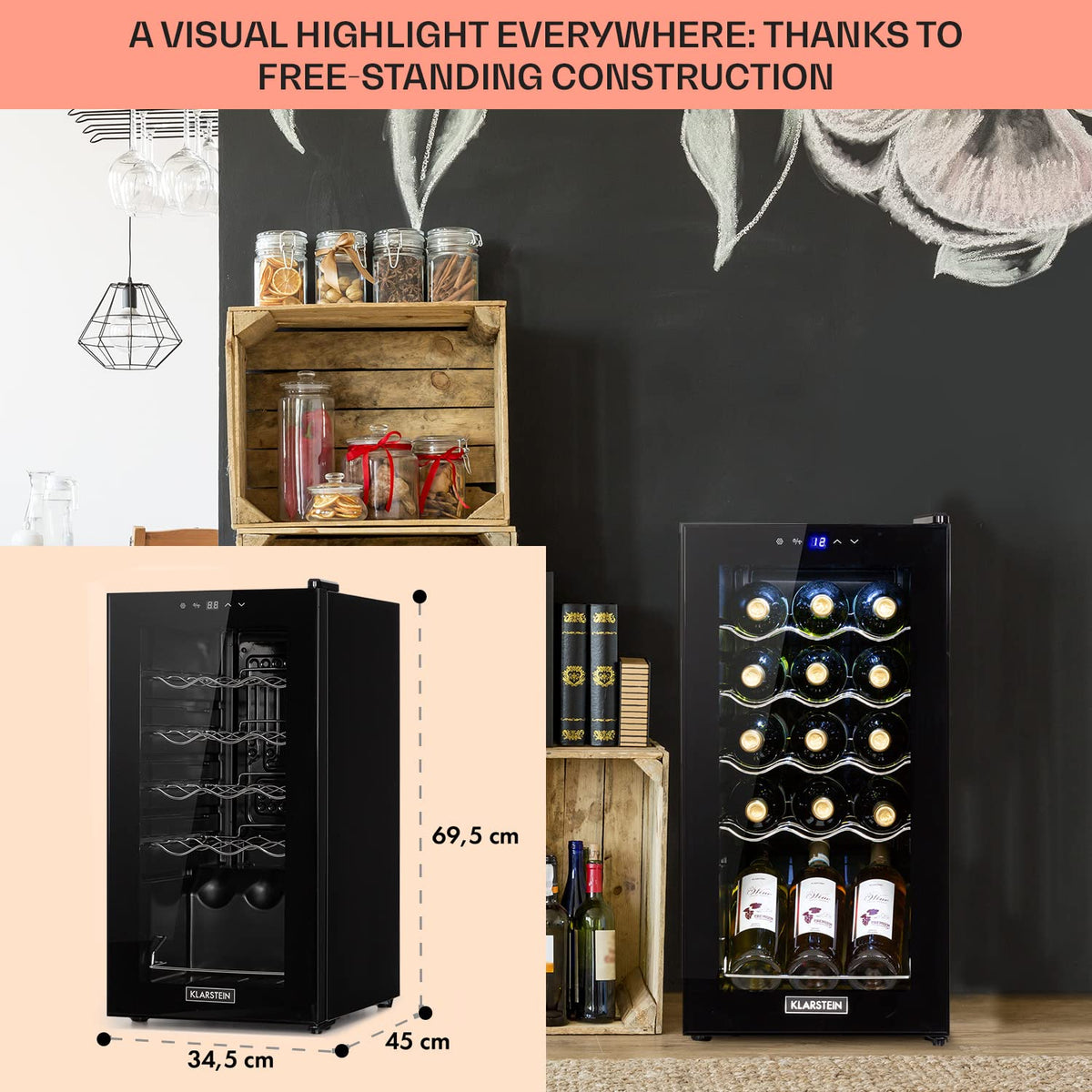 KLARSTEIN Shiraz Wine Cooler Black – 8 Bottles, 1 Zone | Freestanding Wine Fridge with Glass Door, Quiet, 5–18 °C, LED, Stainless Steel Frame