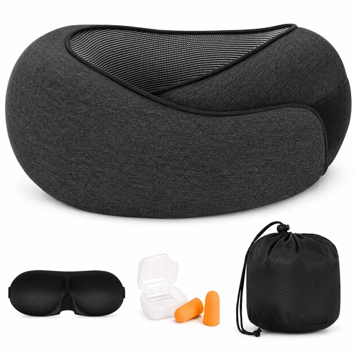 Memory Foam Travel Neck Pillow, 360° Support with Eye Mask&Earplugs