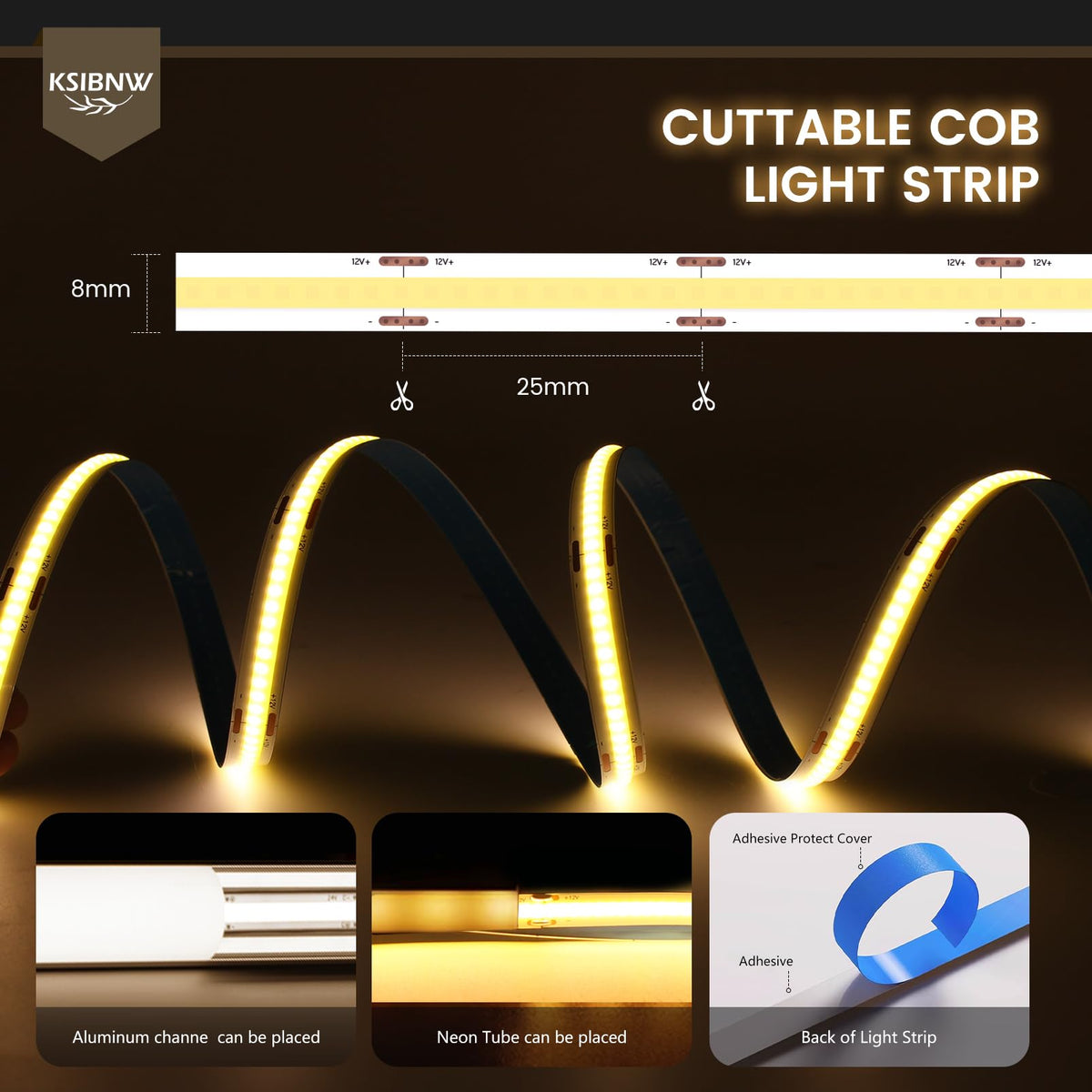 KSIBNW LED Strip Light COB 24V, 5M Cool White 6000K Led Strip Lights 5mm Width LED Tape Lights Flexible CRI90+ Uniform Dotless for Bedroom Cabinet Kitchen Decoration (No Power Supply)