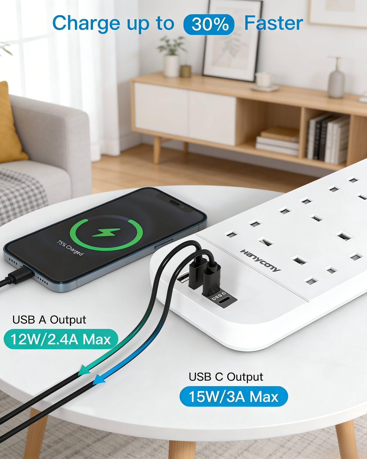 Extension Lead with 2 USB C Slots, 8 Way Power Strip Surge Protector