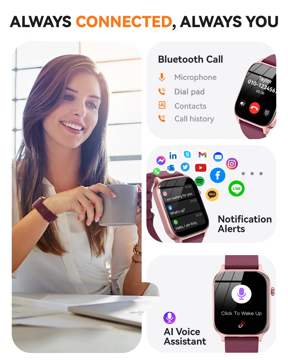 Smart Watch for Men Women- Answer/Make Call, 2024 IP68 Waterproof Fitness Tracker Watch with Sleep Step Counter Activity Smartwatch for Samsung Android iPhone iOS (Black-Blue, 1.83)