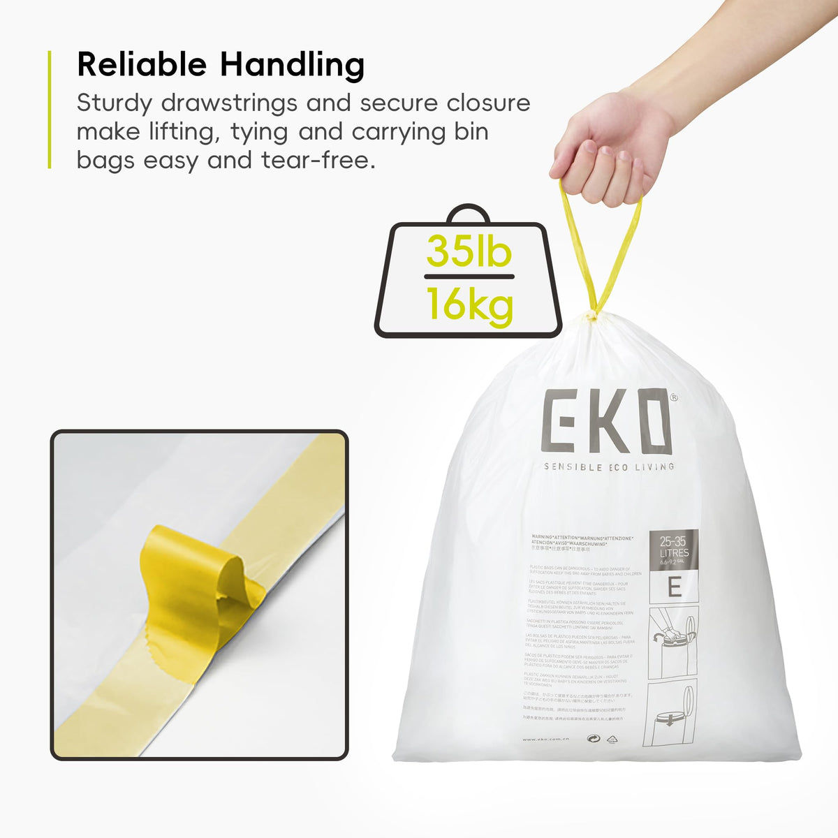 EKO Bin Bags, Kitchen Bin Liners, Drawstring, 40-60 Litre, 12 Count, Code F