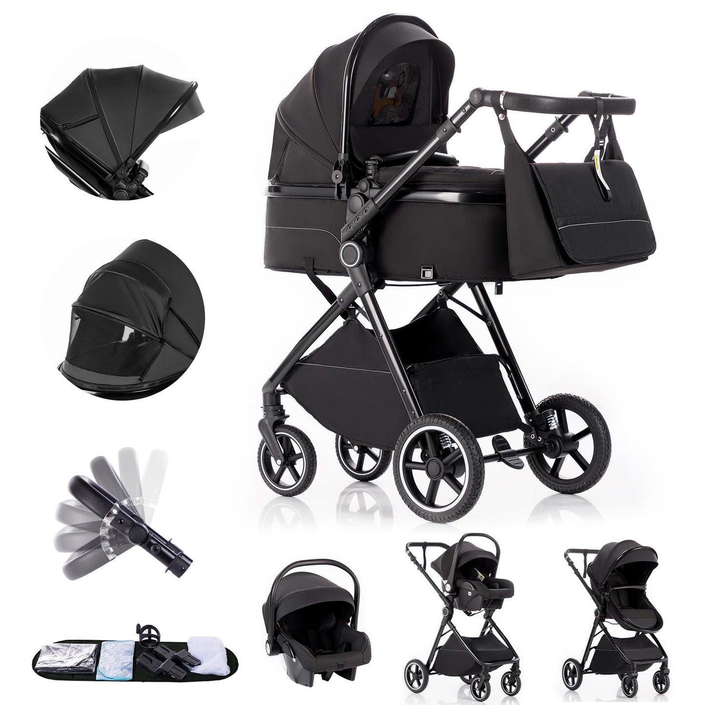 Gcarebb 3 in 1 Prams Travel System, Pushchair with Height Adjustable Handle, Travel Pram with Rain Cover, Baby Stroller with Aluminum Frame for Newborn
