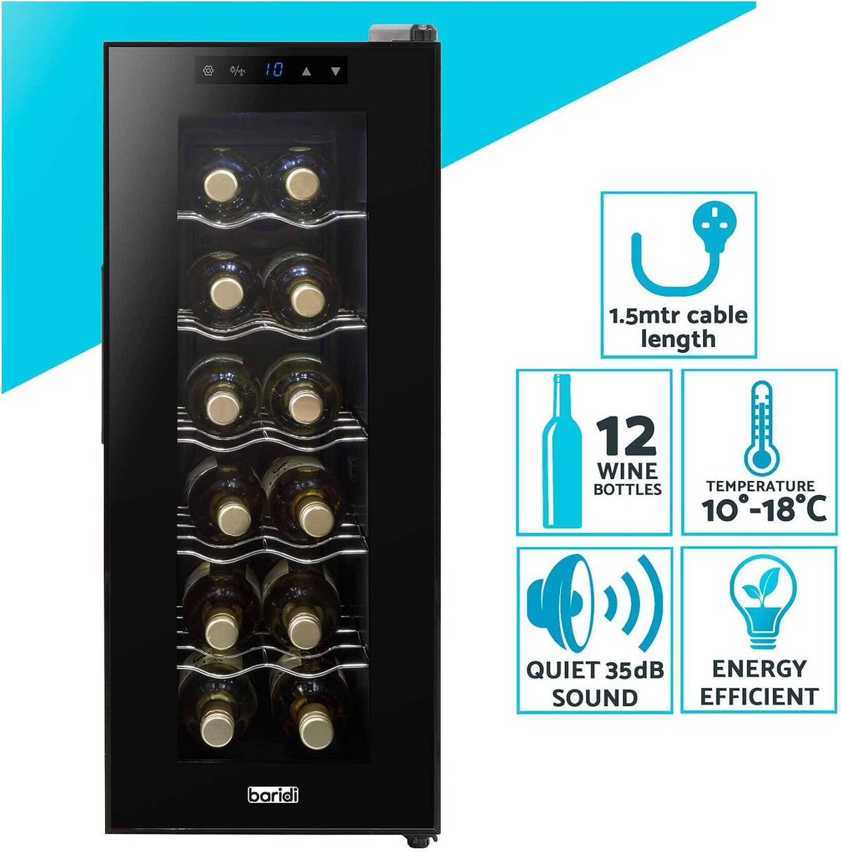 Dellonda Baridi 12 Bottle Wine Fridge with Digital Touch Screen Controls, Metal Shelves & LED Light, Black - DH73