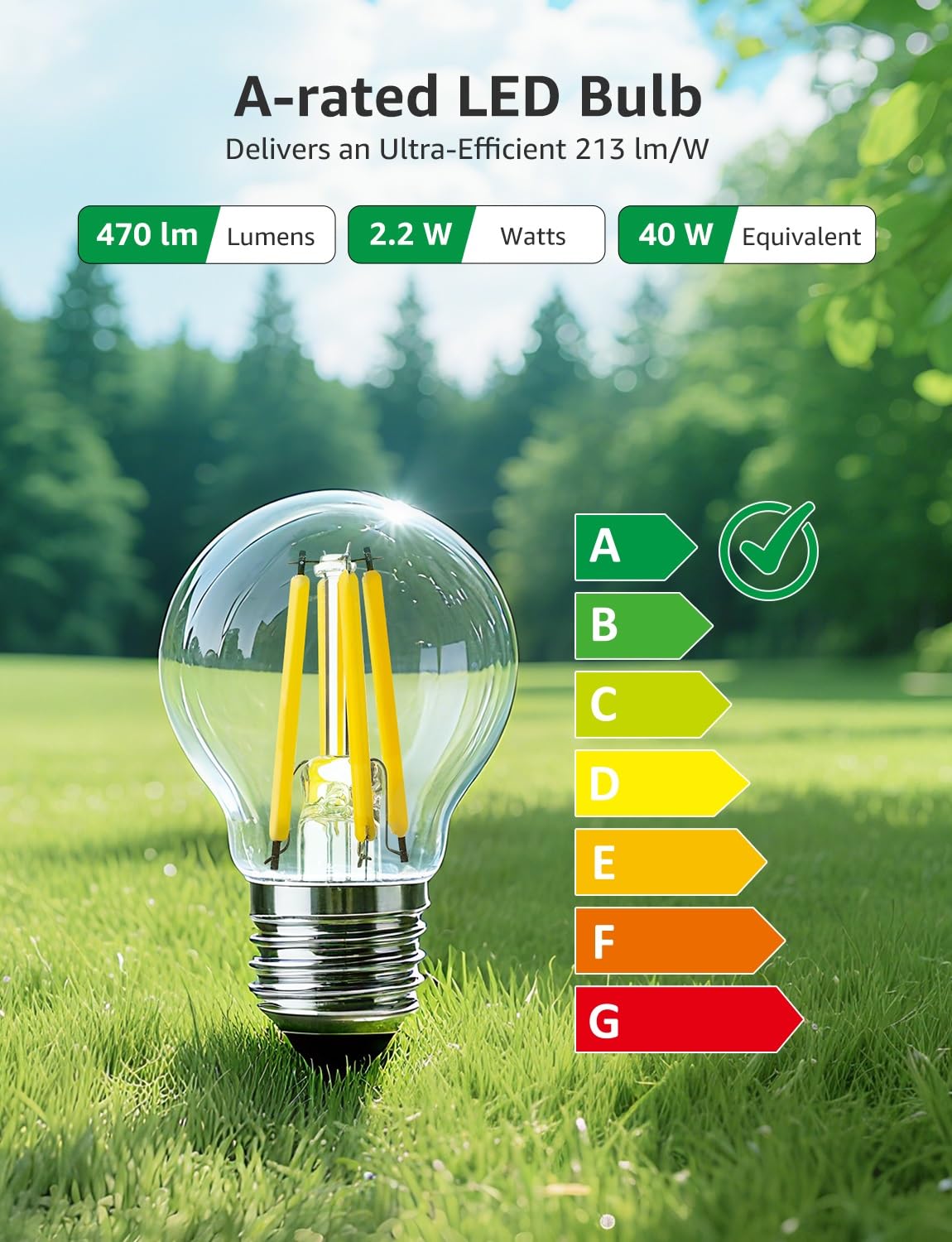 Lepro G45 E27 Screw Bulb A-Rated, Warm White, 2.2W = 40W, 470LM, Pack of 2