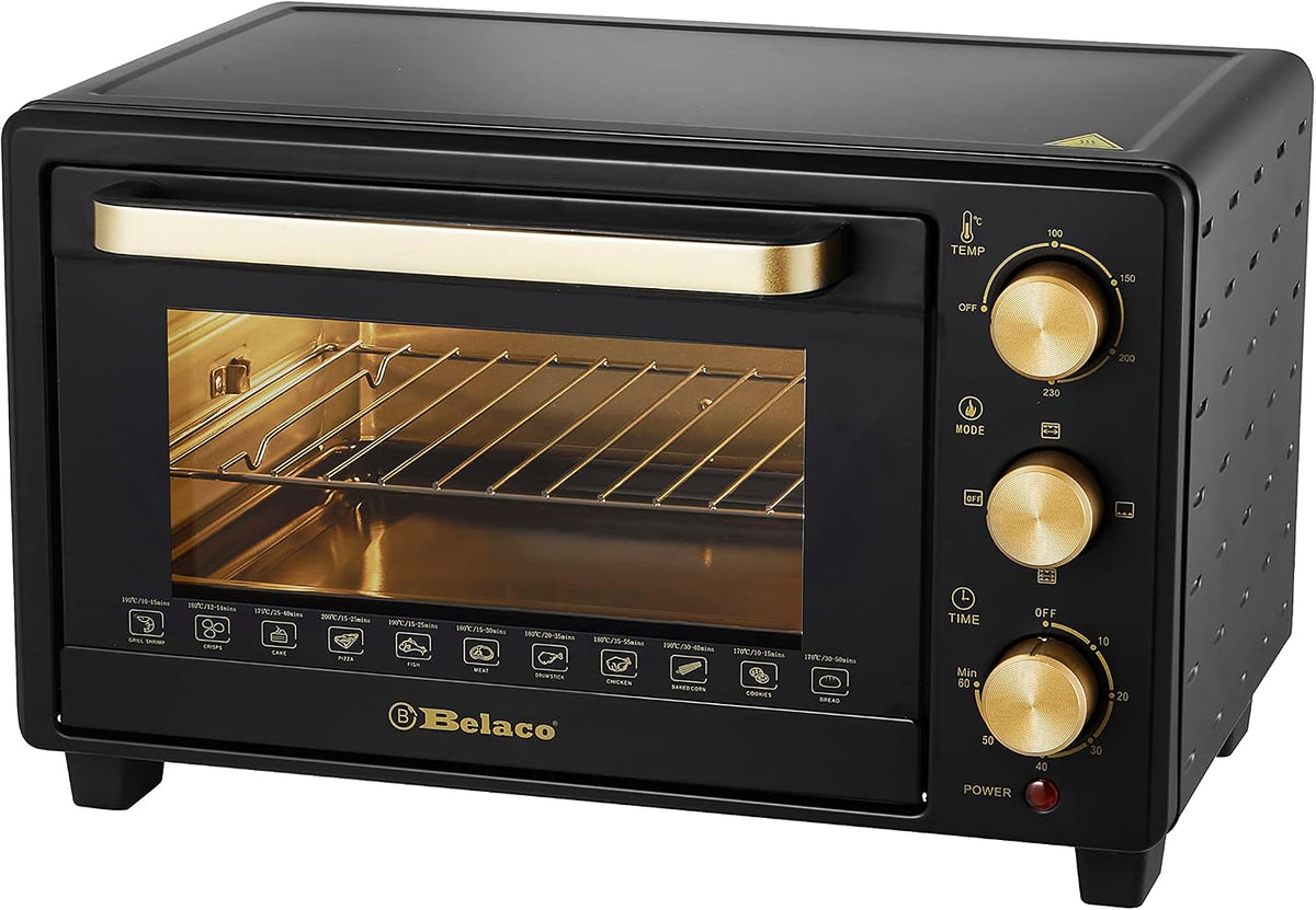Belaco 23L Toaster Oven Tabletop Cooking Baking Portable Oven Rotiseerie1380w 60 min Timer with auto shut off 100-250° Stainless Steel Heating Tube incl. Baking Tray, Wire Rack, Handle, Rotisserie…