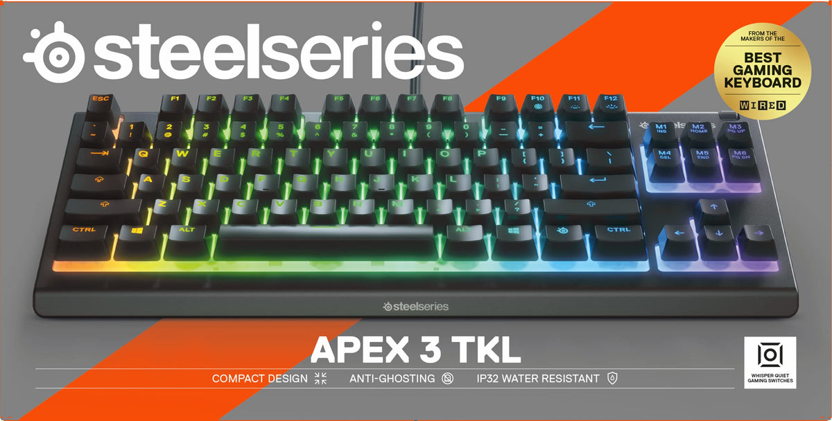 SteelSeries Apex 3 TKL Gaming Keyboard - Silent Keyboard, Tenkeyless PC Keyboard - 8-Zone RGB Illumination - IP32 Water & Dust Resistant - English QWERTY Layout, Black