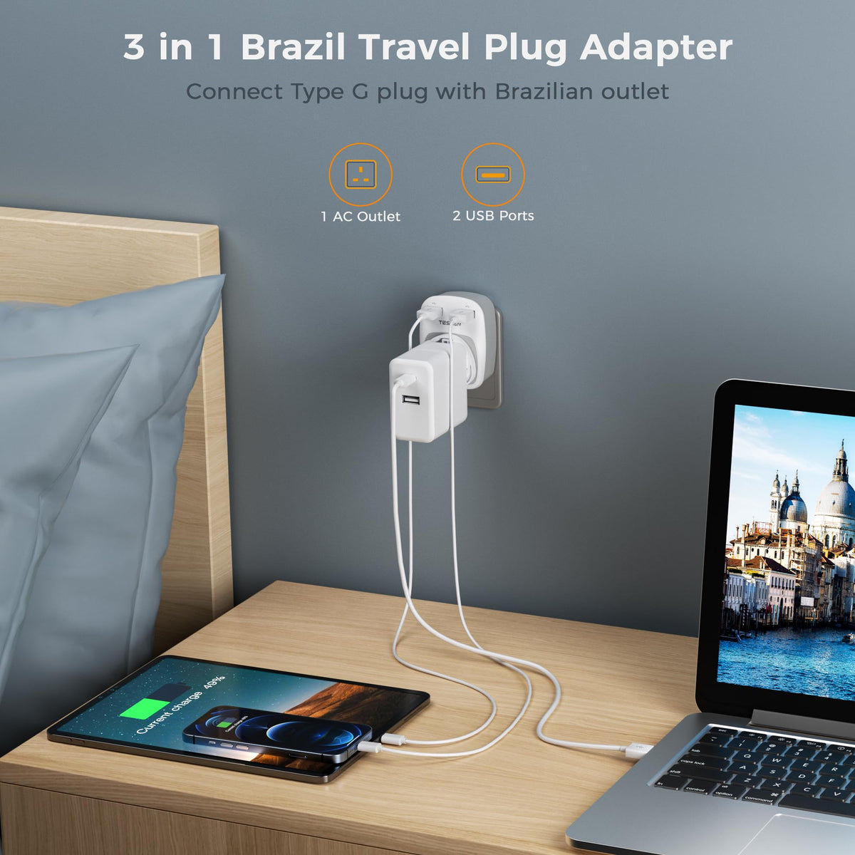 TESSAN UK to Italy Plug Adapter, Grounded Type L Travel Adaptor with USB C