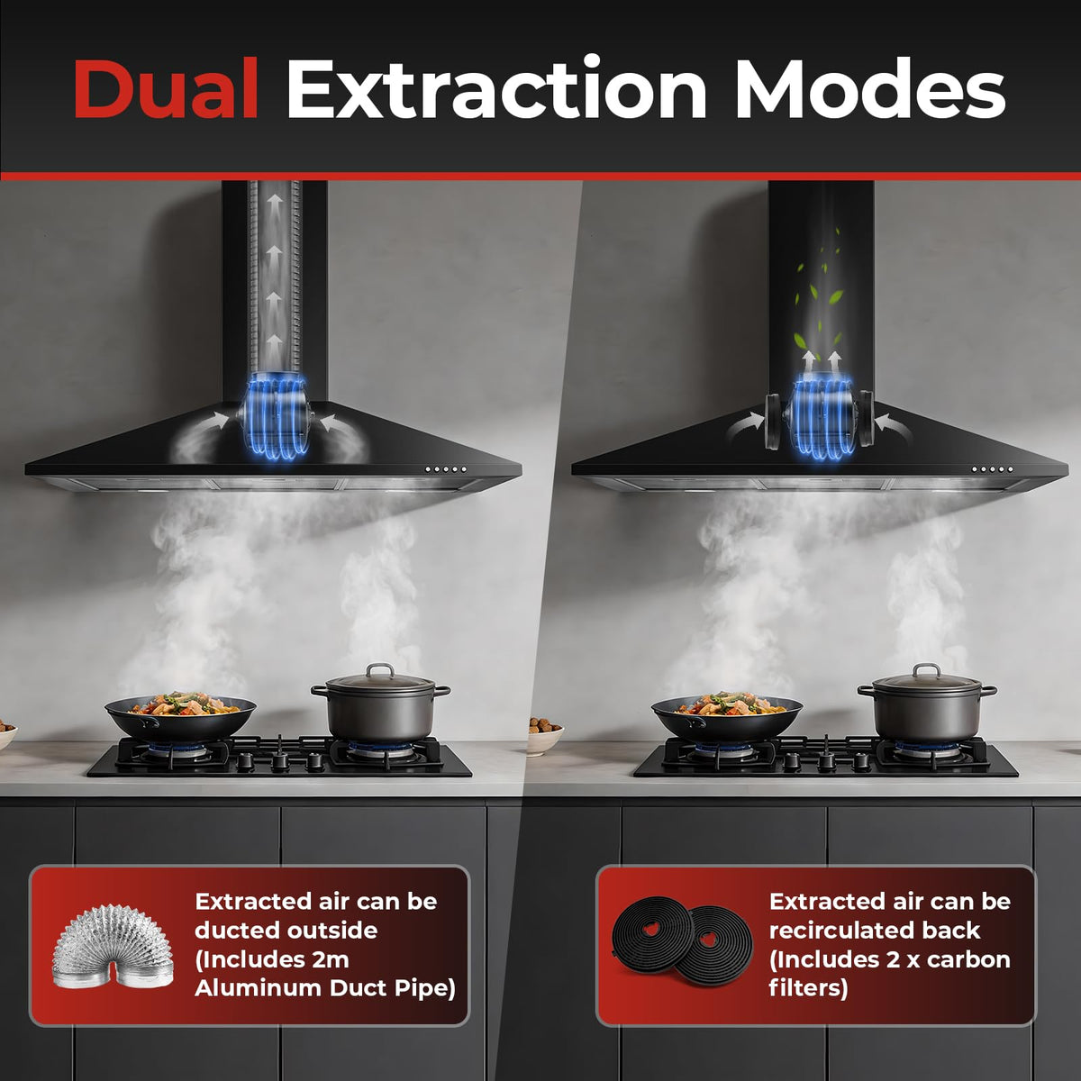 SNDOAS Chimney Cooker Hood 90cm, 3-Speed, Recirculating & Ducting