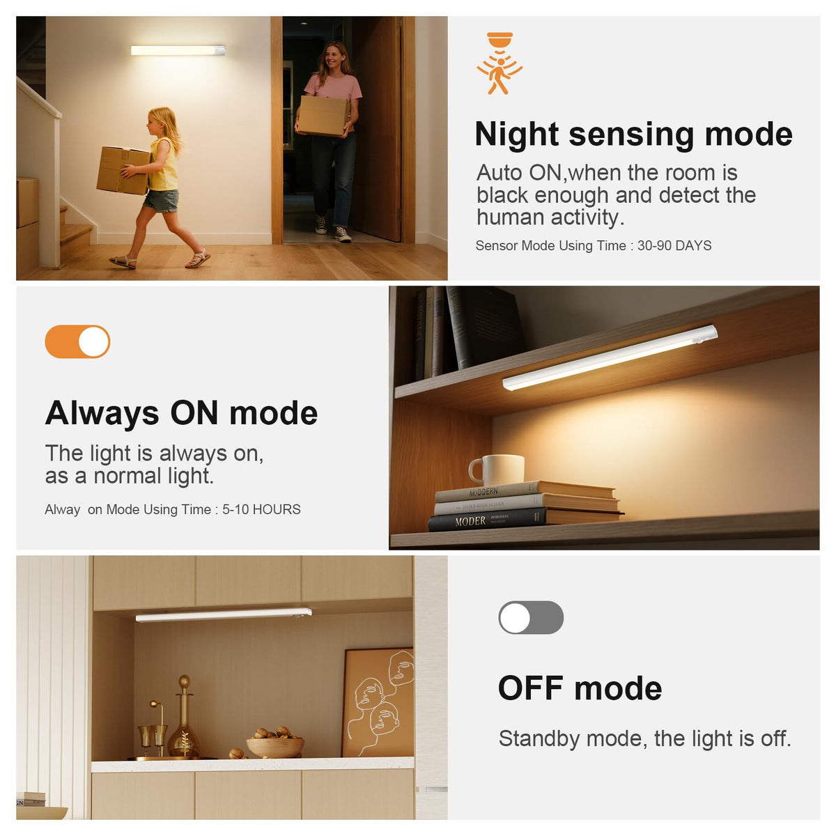 daphomeu 5 Pack Rechargeable Under Cupboard Kitchen Lights, 20CM Dimmable Warm Cabinet Light, LED Motion Sensor Lights Indoor, Magnetic Stick Light for Kitchen Shelf Stairs Wardrobe