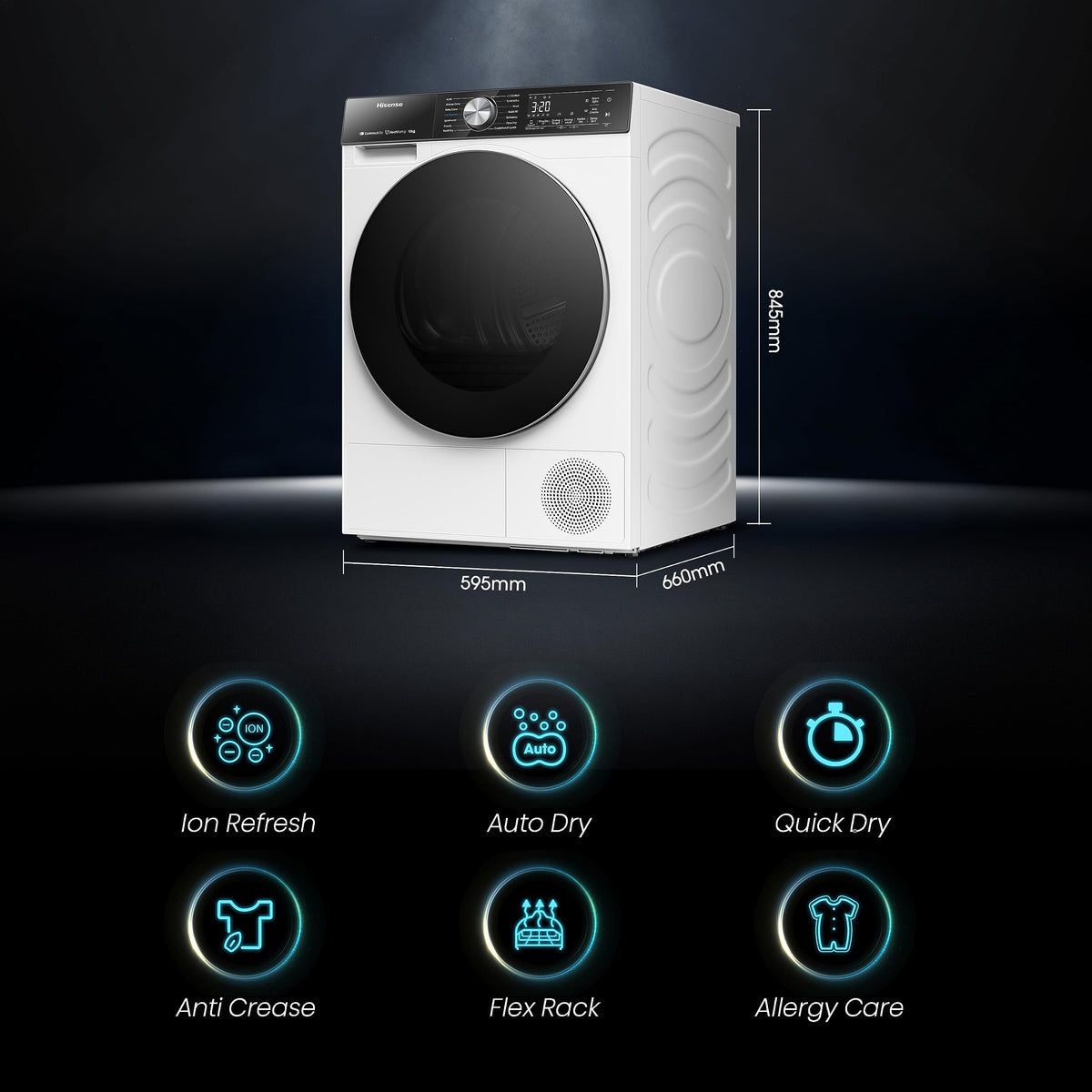 Hisense DH1Q802BW2 60cm Freestanding 8 KG Heatpump Front Load Tumble Dryer, 16 Programmes, Auto Dry, Steam Refresh, Allergy Care - White