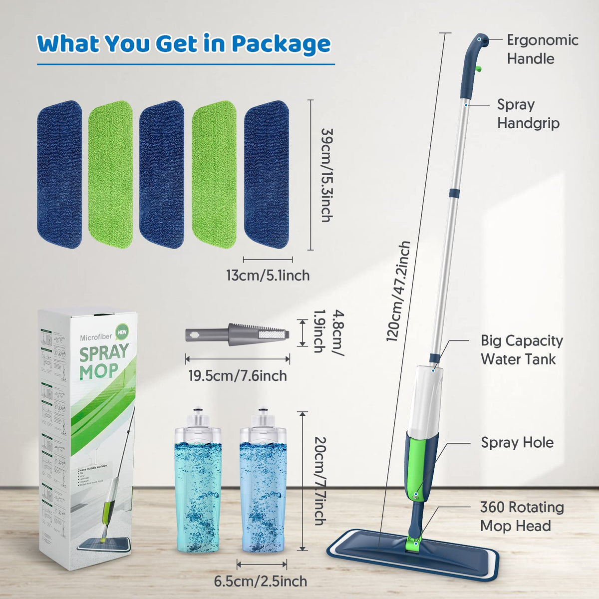 Microfibre Floor Mop with 4 Washable Pads: Spray Mops for Cleaning Floors