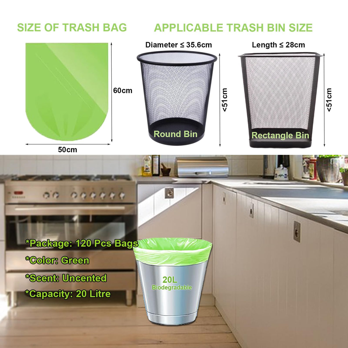 KITBEST 10L Biodegradable Bin Liners 120 Count Food Waste Trash Bags Small