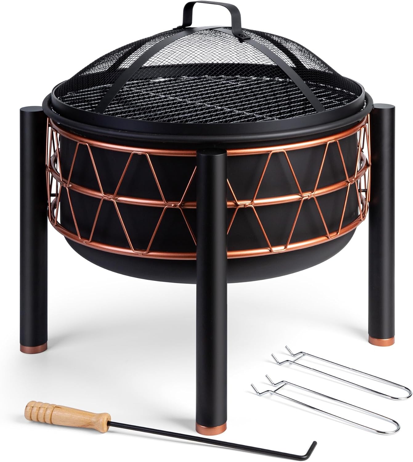 VonHaus Fire Pit – 2 in 1 Firepit with BBQ Cooking Grill for Outdoor, Garden, Patio – Black Steel with Copper Detail, Fire Poker & Mesh Cover Included – Use Wood or Charcoal to Fuel