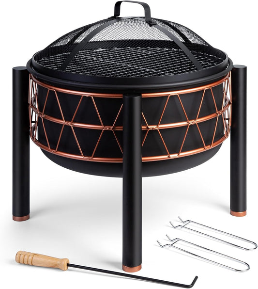 VonHaus Fire Pit – 2 in 1 Firepit with BBQ Cooking Grill for Outdoor, Garden, Patio – Black Steel with Copper Detail, Fire Poker & Mesh Cover Included – Use Wood or Charcoal to Fuel