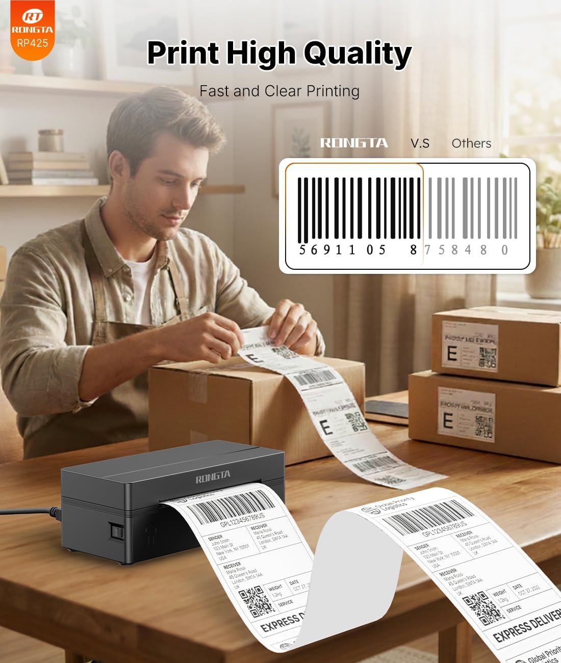 Rongta Bluetooth Thermal Shipping Label Printer, Wireless 4x6 Label Printer for Postage, Address (RP425)