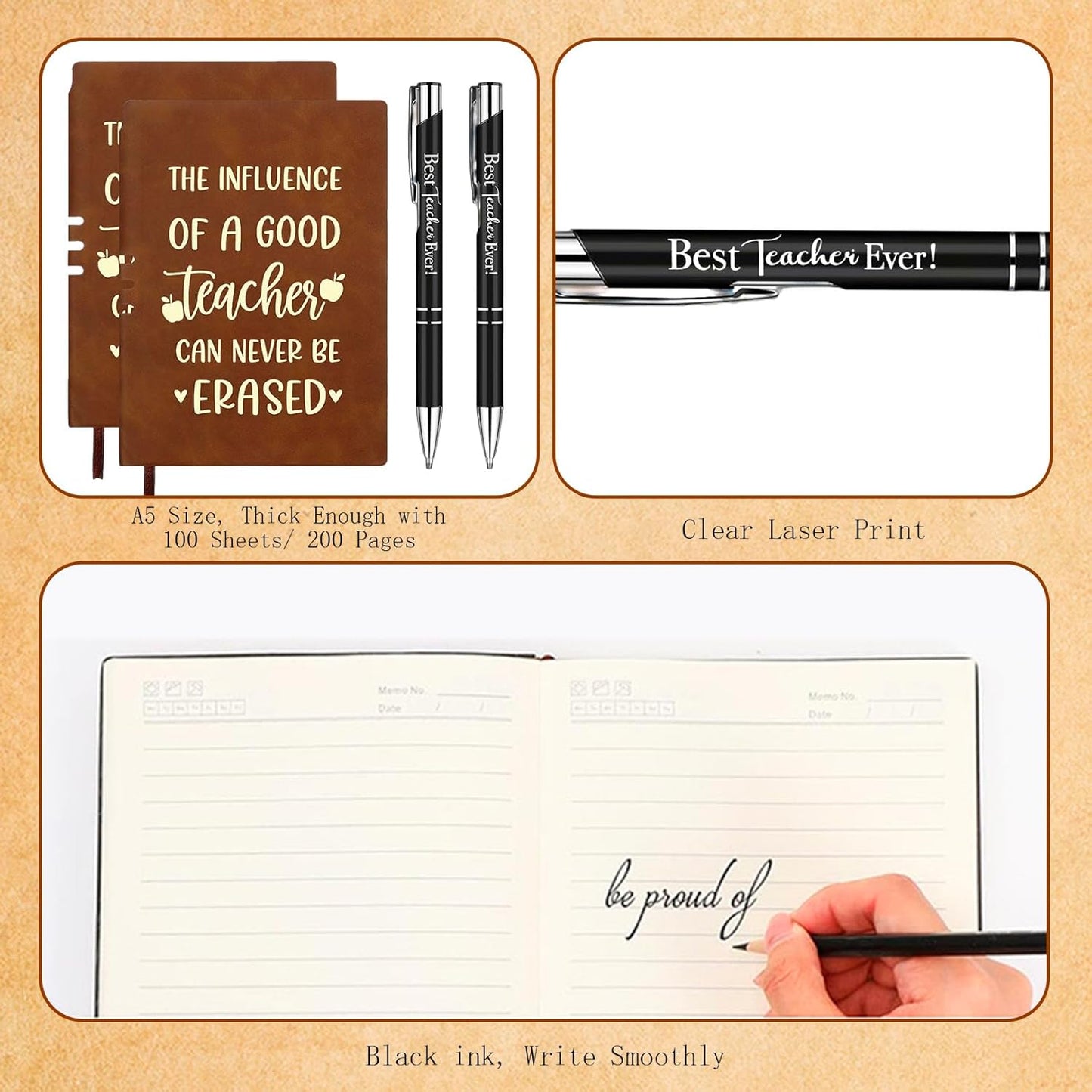 2 Sets Teacher Appreciation Gifts, A5 Leather Notebook & Pen, Thank You Teacher Gifts End of Term, Best Teacher Ever Journal, Leaving Gifts for Women Men, Inspirational Present for Birthday