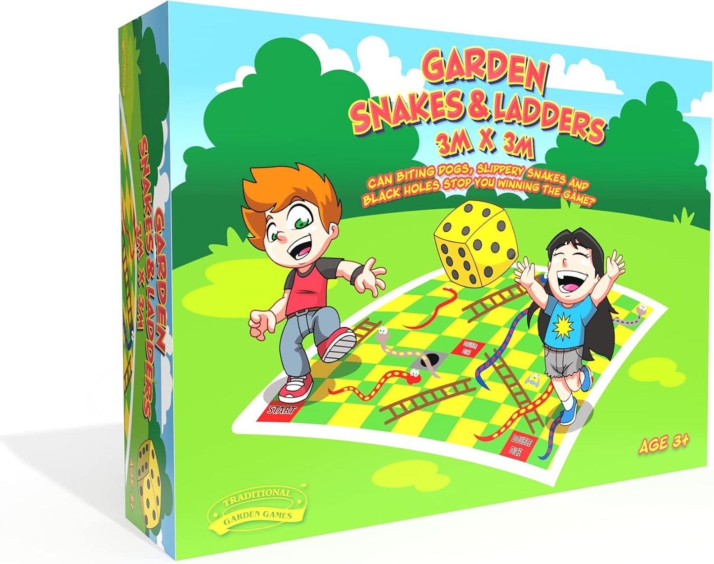 Giant Snakes and Ladders Outdoor Game – Life-Sized 3m x 3m (10ft x 10ft) Mat with Inflatable Dice – Family Fun for Kids & Adults, Includes Ground Pegs – Ideal for Garden Parties