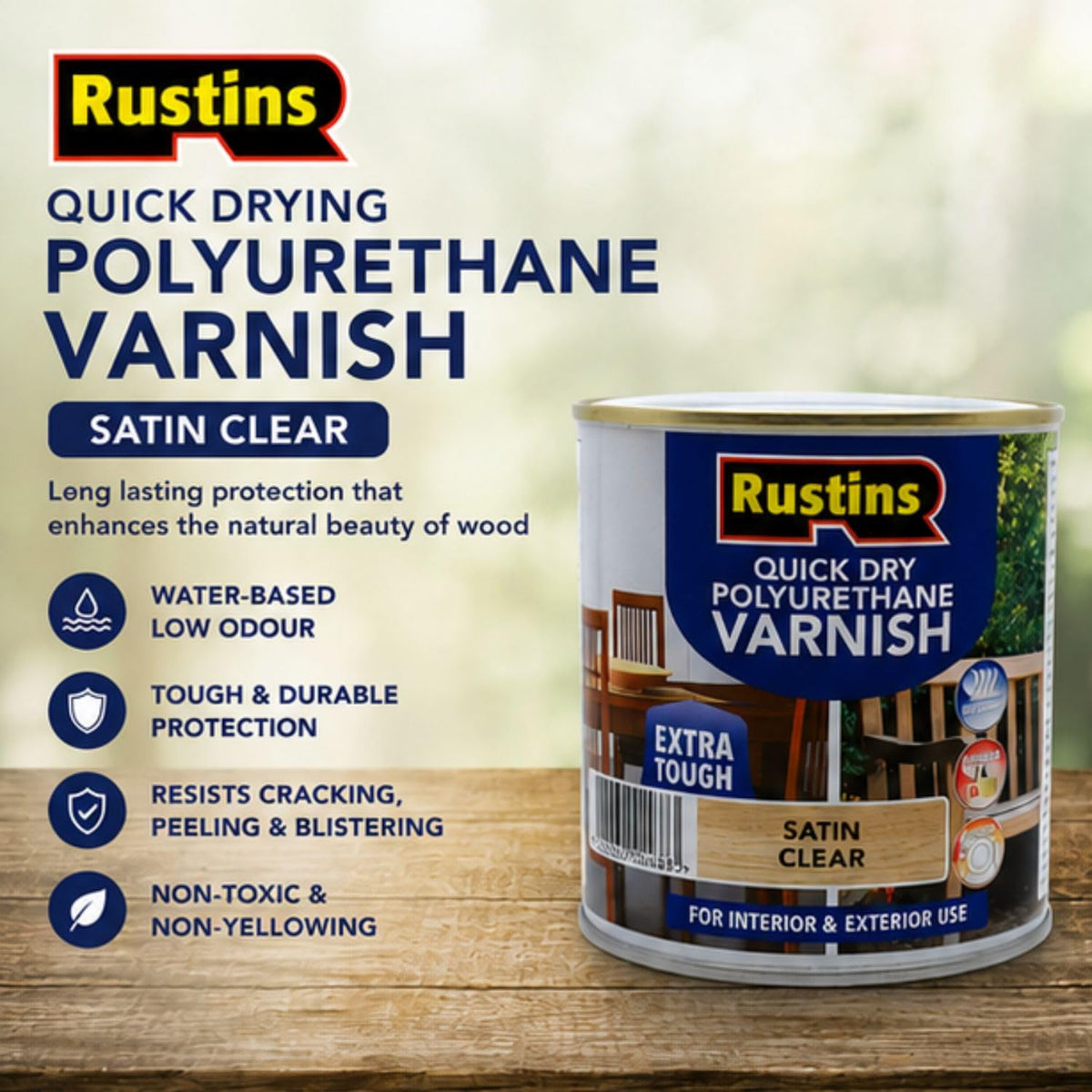 RustinsQuick Dry Poly Varnish Satin Clear 500ml -Tough, Water-Based Clear Finish in Gloss, Matt or Satin; Durable Protection for Interior Wood, Furniture and Floors