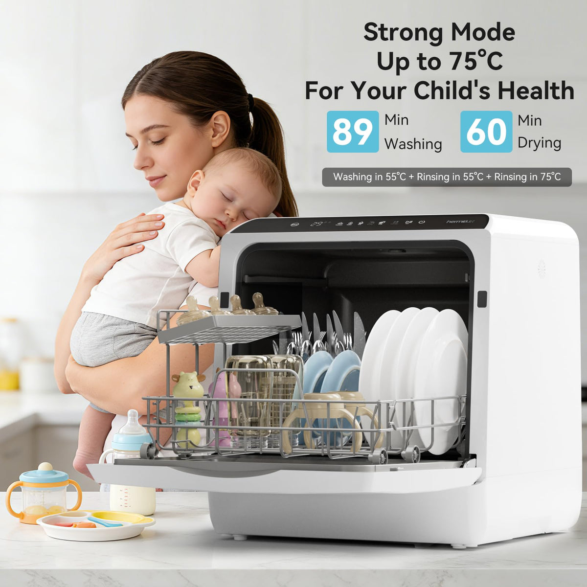 Hermitlux Table Top Dishwasher, Mini Countertop Dishwasher with 4 Place Settings, 5L Built-in Water Tank, 6 Programmes, Touch Control, Baby Care and Fruit Wash, White