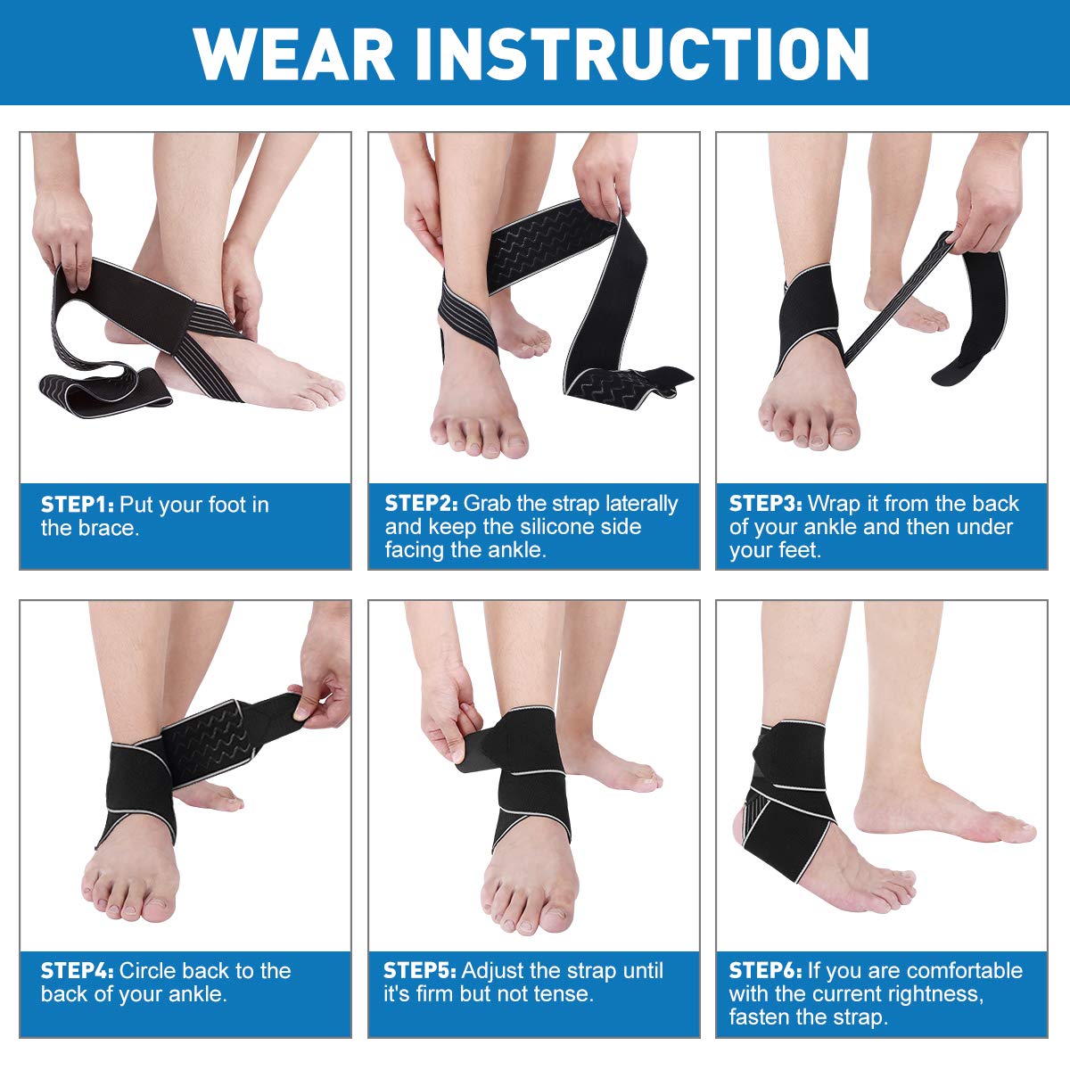 WASPO Ankle Support Brace - Adjustable Ankle Brace Wrap Strap for Sports Protect, Plantar Fasciitis, Achilles tendonitis, Ligament damage, Injury Recovery, One Size for Men Women 1 PC Blue