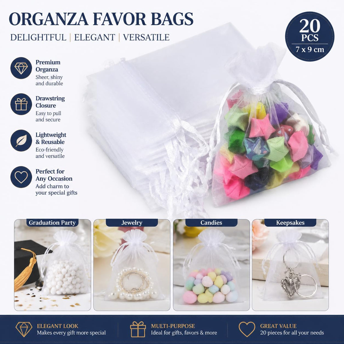 Lafefe 20Pcs Organza Gift Pouches, 7x9CM Clear Mesh Drawstring Pouches, Organza Gift Bags for Wedding Favours, Party, Festival, Candy and Game Favour Bags - Pink