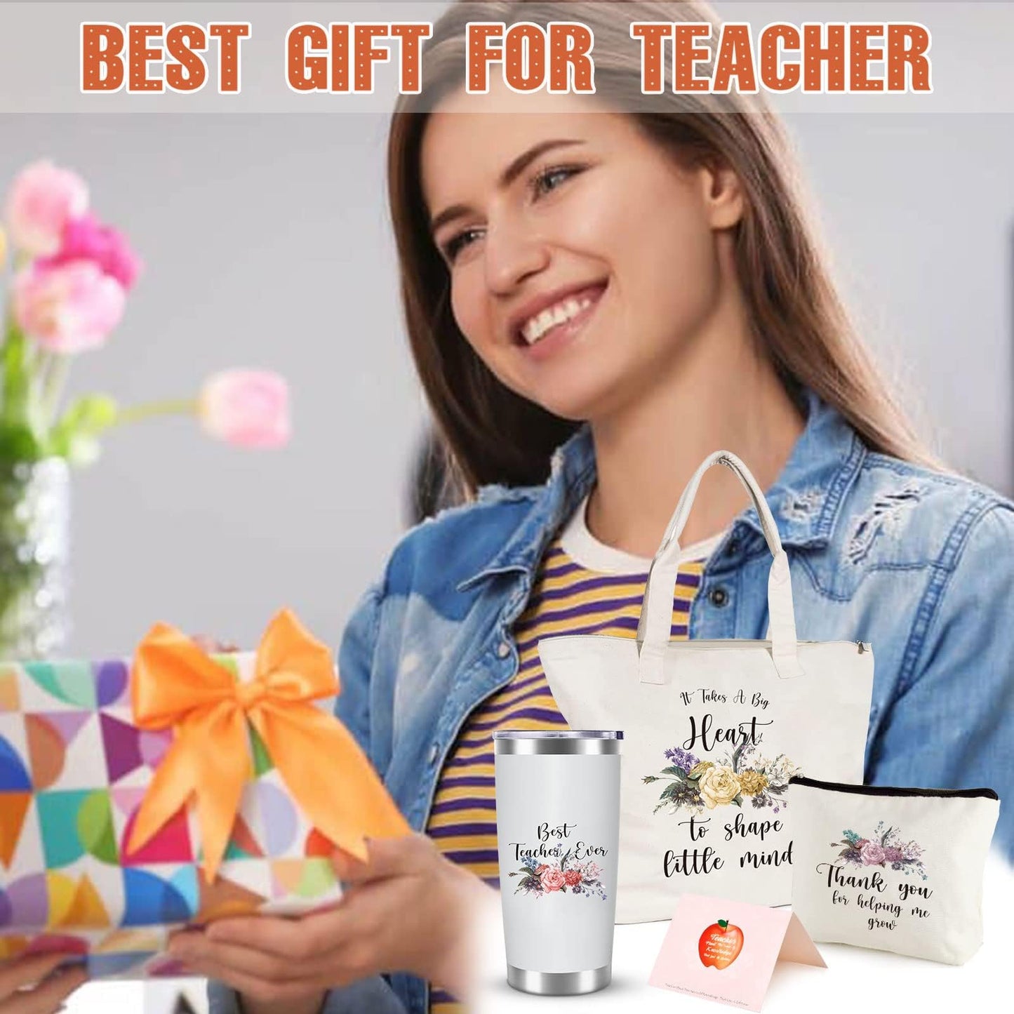 Teacher Tote Bag, Teacher Appreciation Gifts, Teacher Gifts for Women, Thank You Teacher Present Tote Bag, 20OZ Tumbler, Cosmetic Bag, Greeting Cards