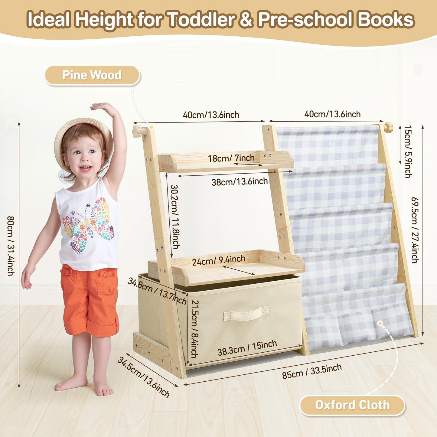 Kids Bookshelf and Toy Storage, Montessori Wooden Children Bookcase and Toy Organizer, 4-tier Toddler Sling Book Shelf with a Large Storage Box for Nursery, Bedroom, Playroom (Terrazzo)