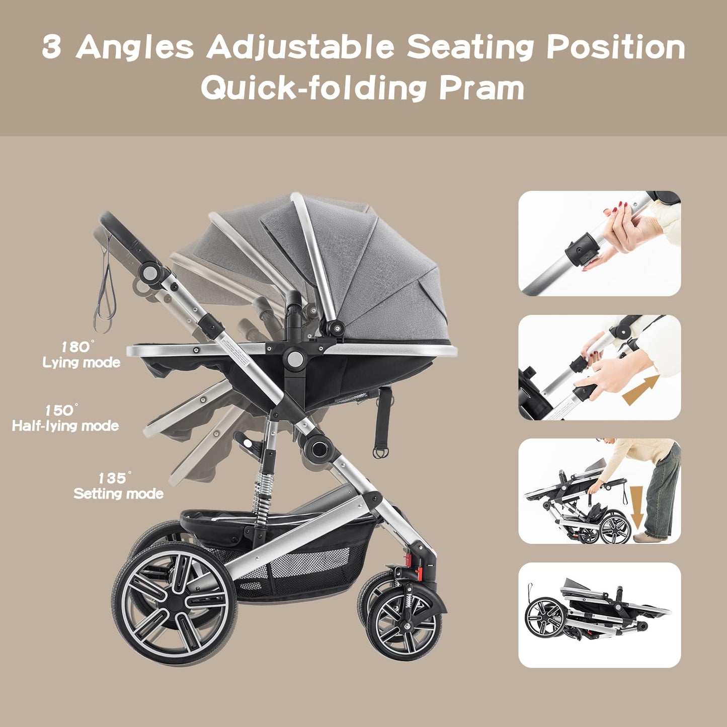 Zkipm Baby Pram 3 in 1, Foldable Baby Stroller,Pram Set Travel with Adjustable-Height Push Handle, Present Rain Cover, Mosquito Net, Bag, Cooling Mat, ect for Ages 0–3