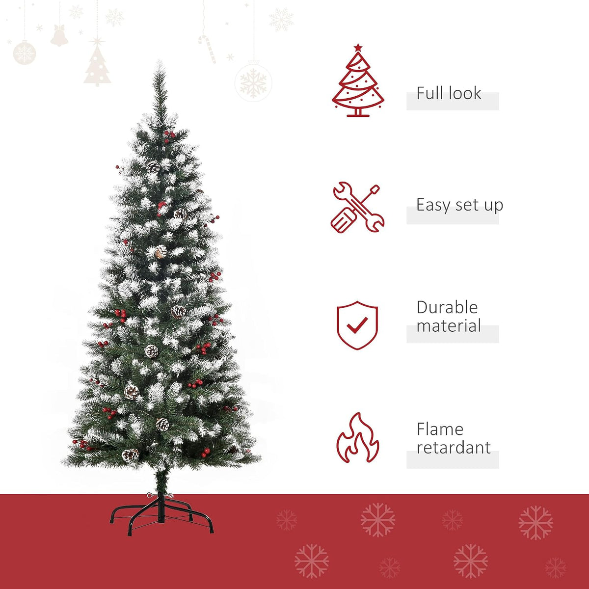 HOMCOM 5FT Artificial Christmas Tree Xmas Pencil Tree Red Berries Green